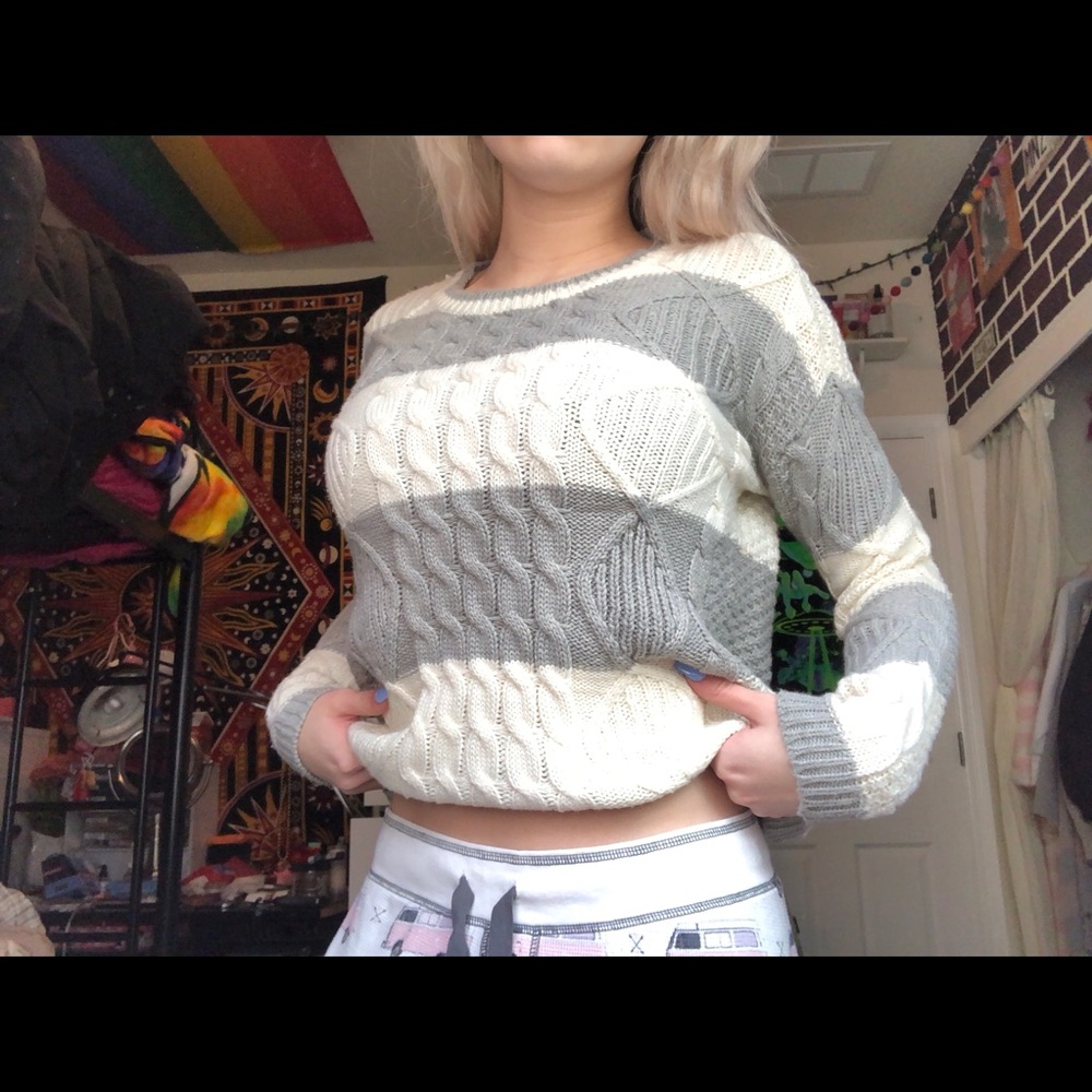 White and Gray Striped Cable Knit Sweater